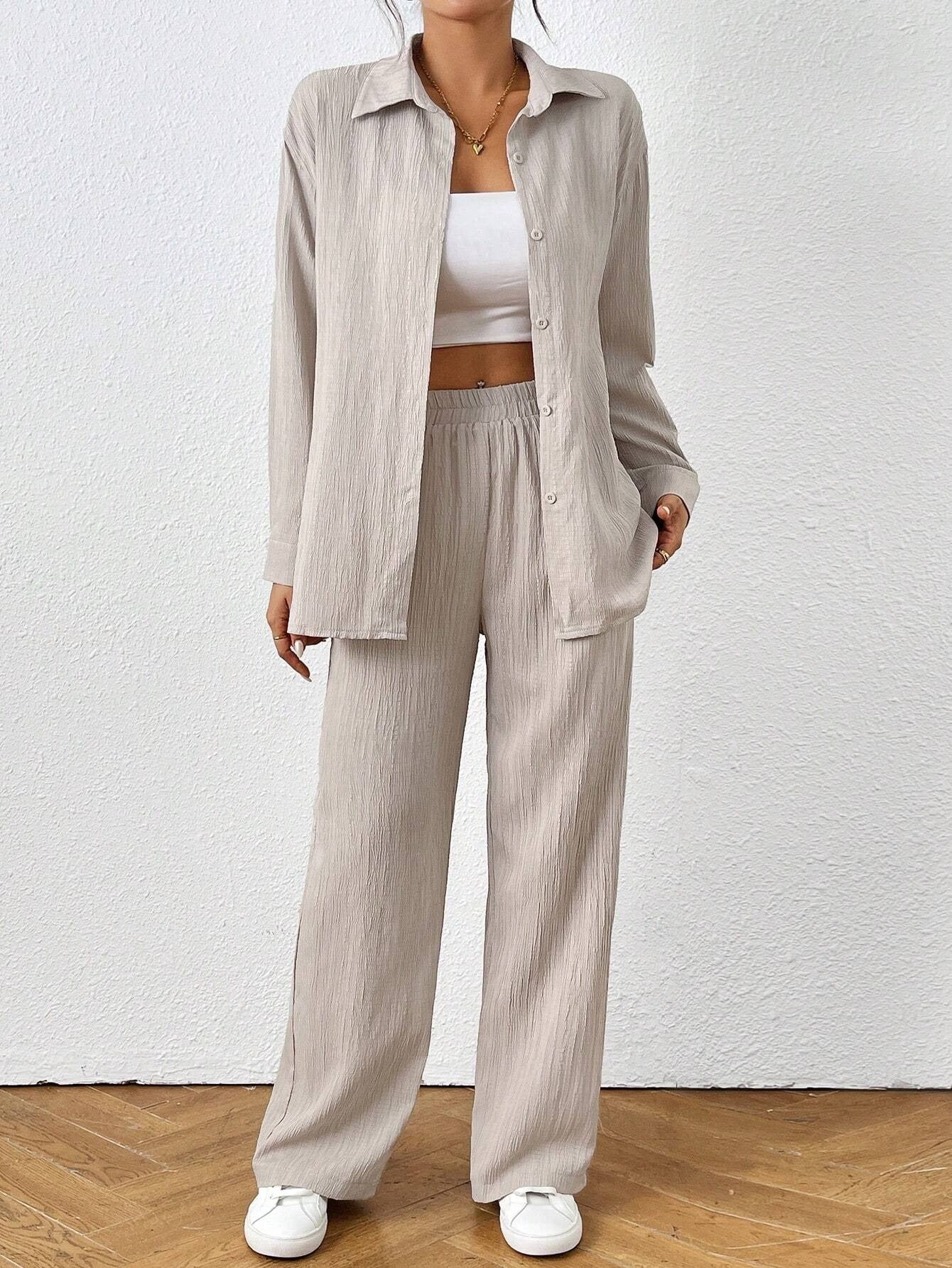 Solid Color Long Sleeved Shirt And Pants Set