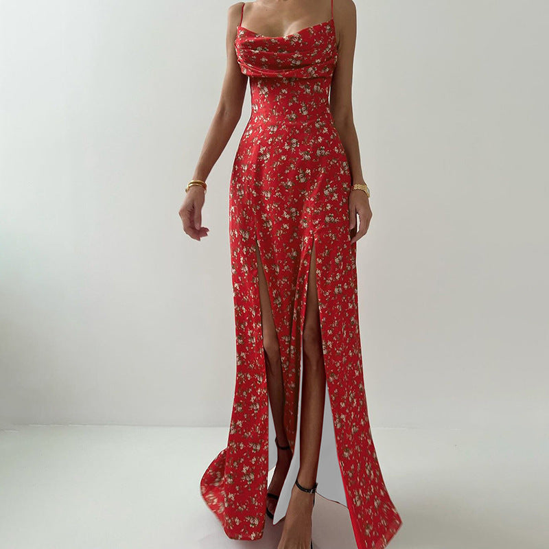 Women's Printed High Waist Slit Off-neck Dress