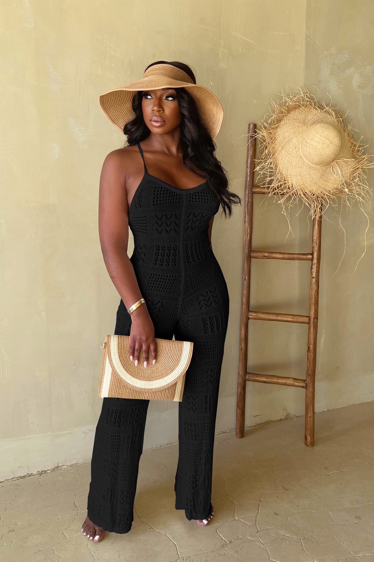 Woolen Knitted Sexy Sling Geometric Hollow-out Jumpsuit