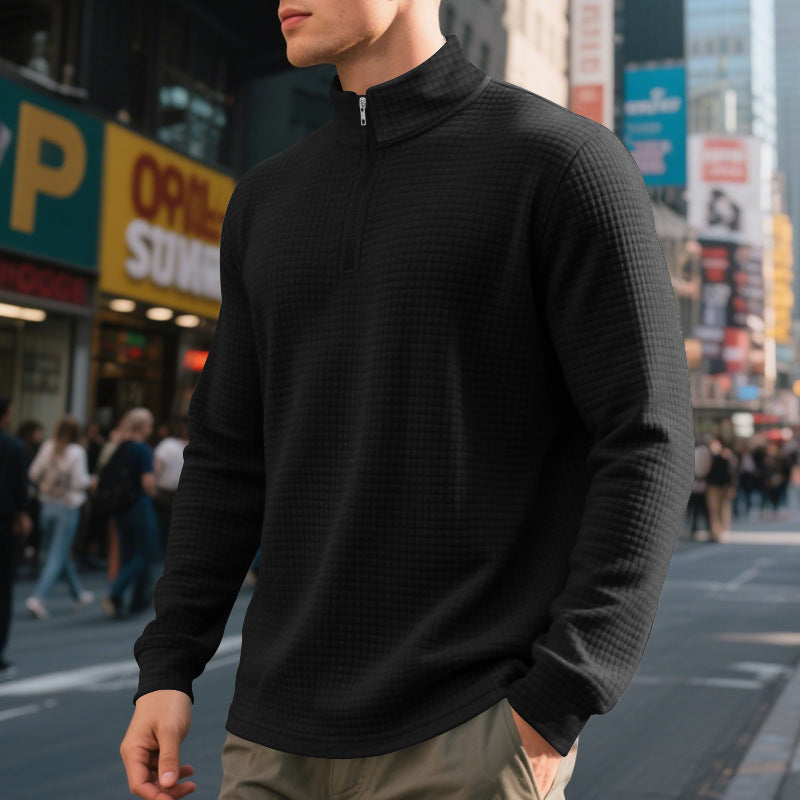 Men's Stand Collar Half Zip Small Plaid Sweater