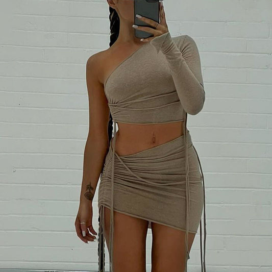 One Shoulder Midriff-baring Top Side Drawstring Skirt Set
