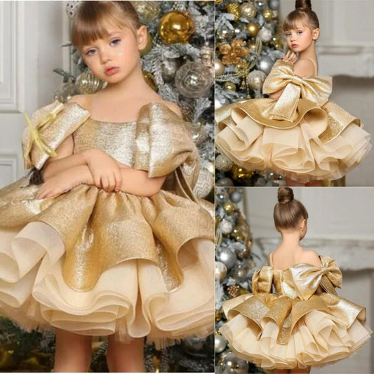 New Gold Satin One Year Old Celebration Dress Western Style Baby Girl Princess Dress