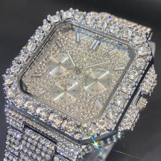 Men's Watch Square-shaped Fully Diamond-encrusted Multi-functional