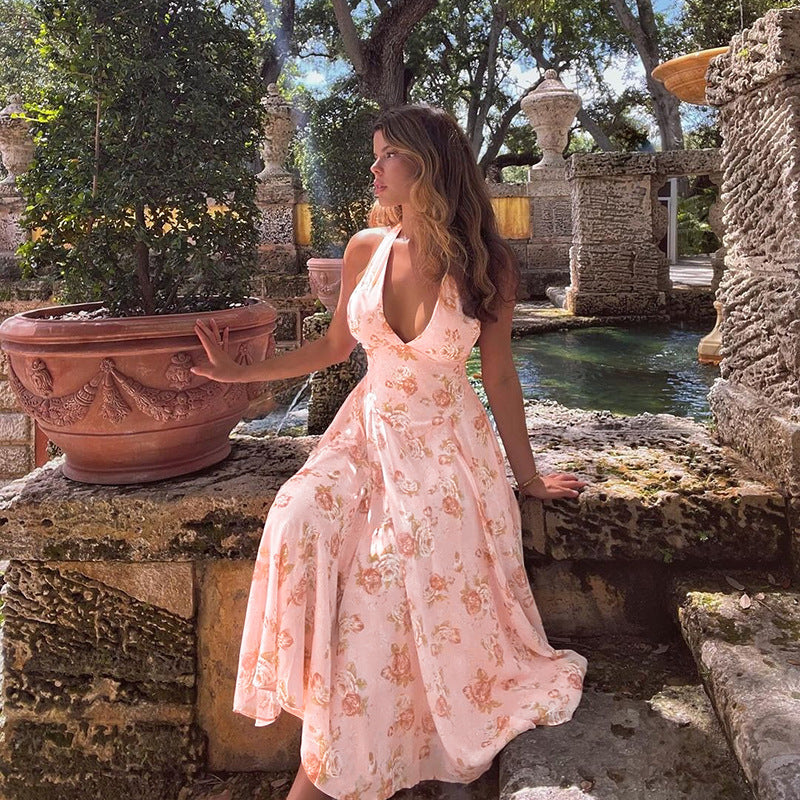Floral Print Halter A- Line Dress Women