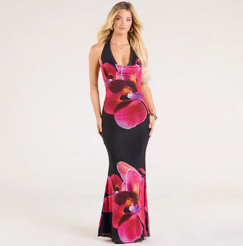 Halter Floral Mesh Backless Maxi Dress