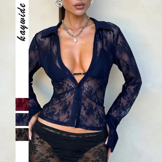 V Hot Girl Style Hollow Lace Cardigan Long Sleeve Top Women's Clothing by GJG Denim