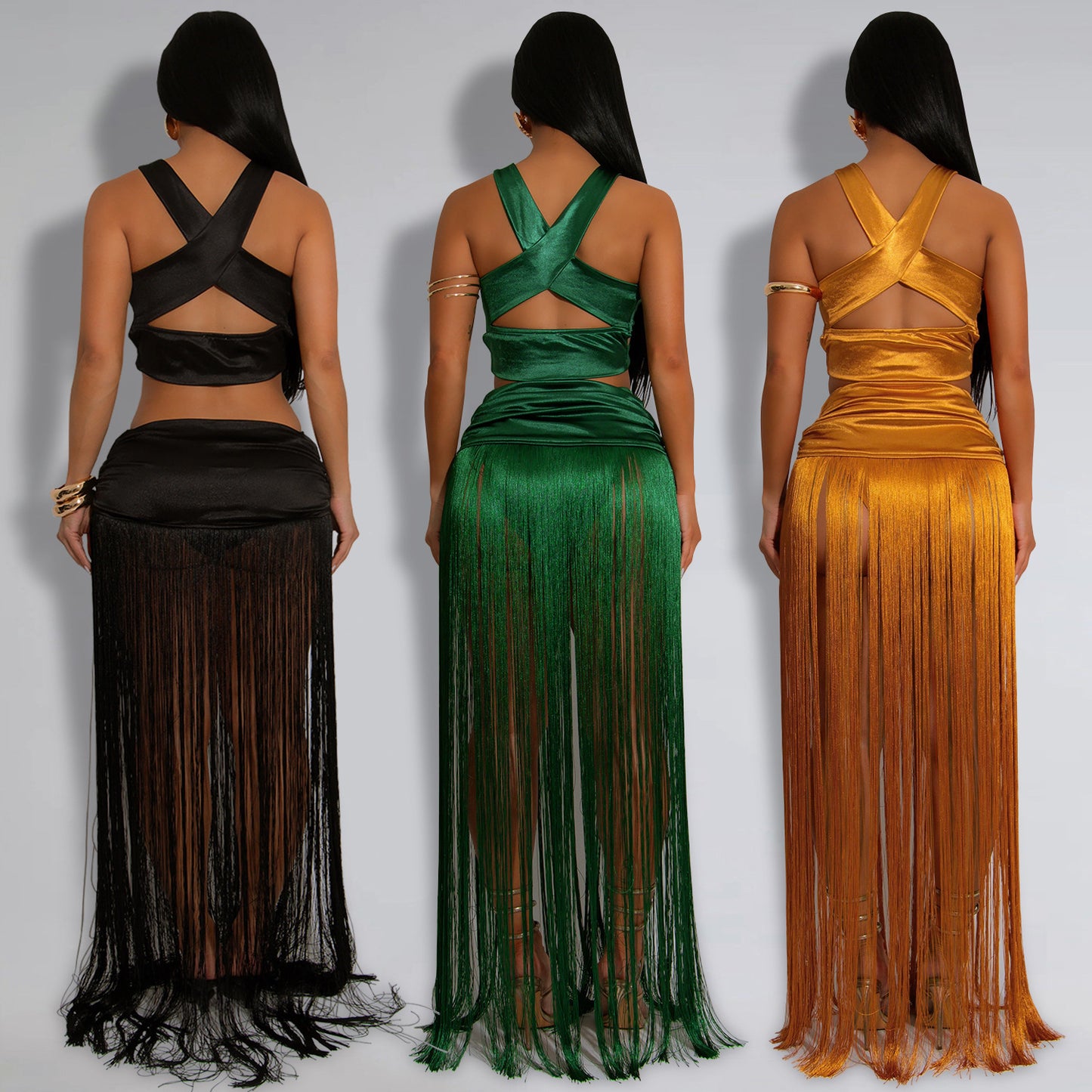 Sexy Shoulder Strap Top Tassel Skirt Two-piece Set