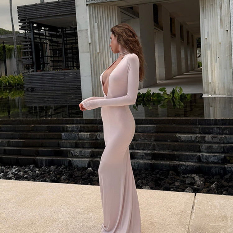 Slim Fit Deep V Long Sleeve Sheath Long Dress