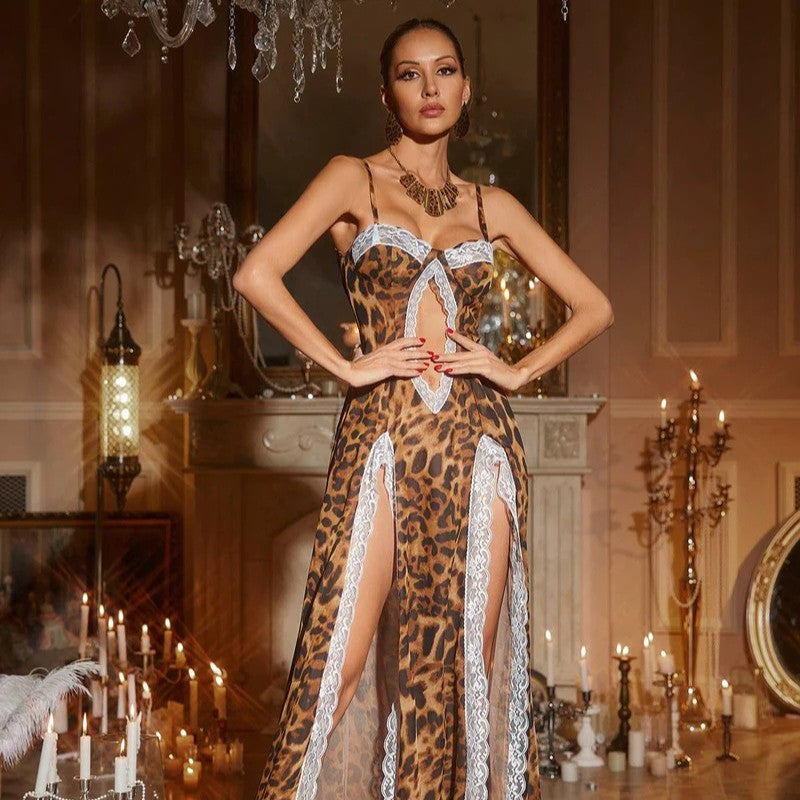 Leopard Print Sling Lace Patchwork Slit Exposed Navel Dress