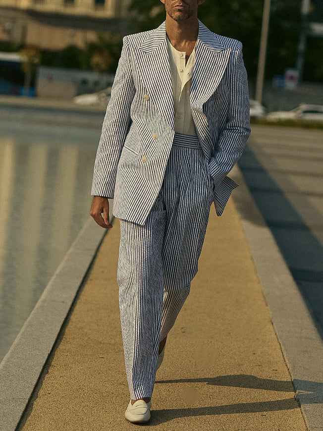 Men's Blue And White Striped Suit Set