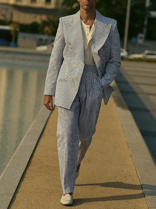 Men's Blue And White Striped Suit Set by GJG Denim