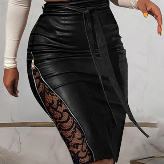 New Sexy Split Lace Stitching Slim-fit Lace Up Leather Skirt