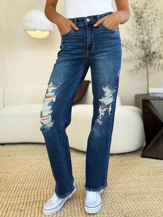 Judy Blue Full Size Mid Rise Distressed Raw Hem Women Jeans