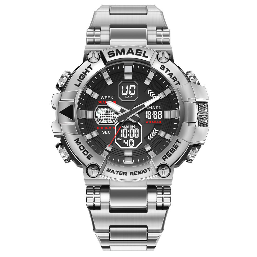 Men's Luminous Stainless Steel Alloy Double Display Electronic Watch