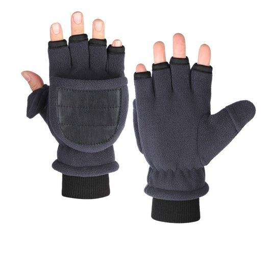 Men's Double-layer Velvet Flip Touch Screen Half Finger Gloves
