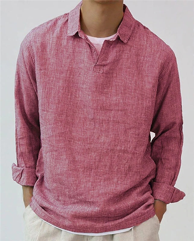 Men's Pullover Shirt Solid Color Long Sleeve Lapel Oversize Casual Top