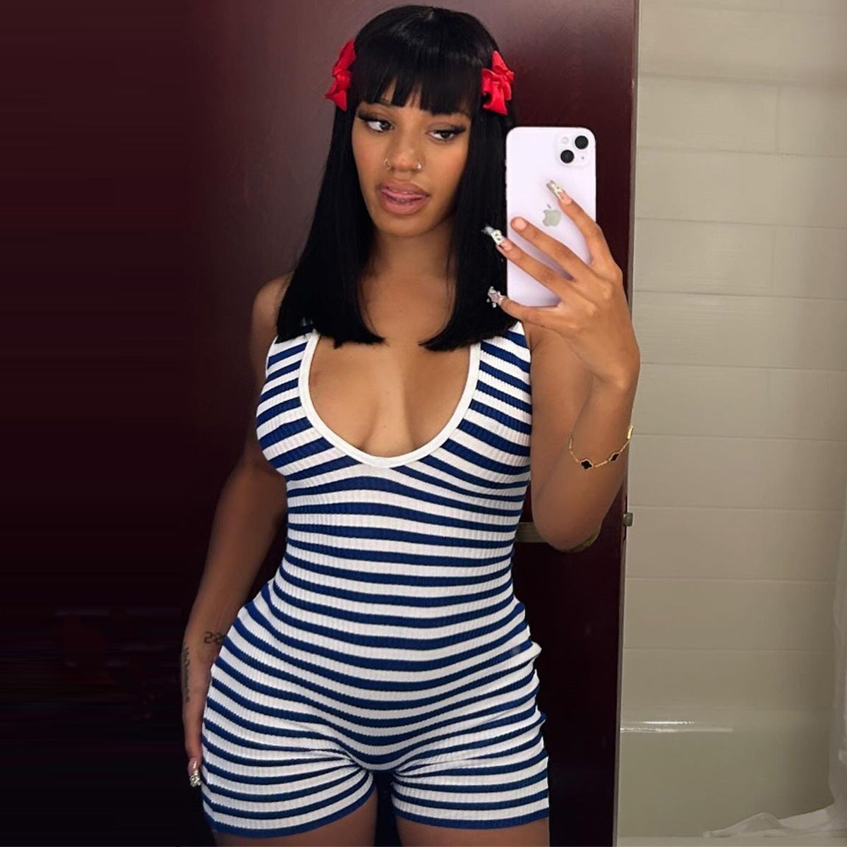 Fashion Detachable Neck Strap Slim Striped Romper