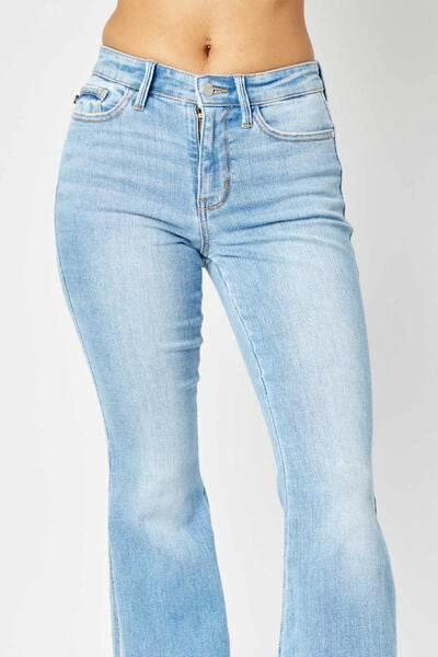 Judy Blue Full Size Mid Rise Raw Hem Slit Flare Women Jeans by Zara-Craft
