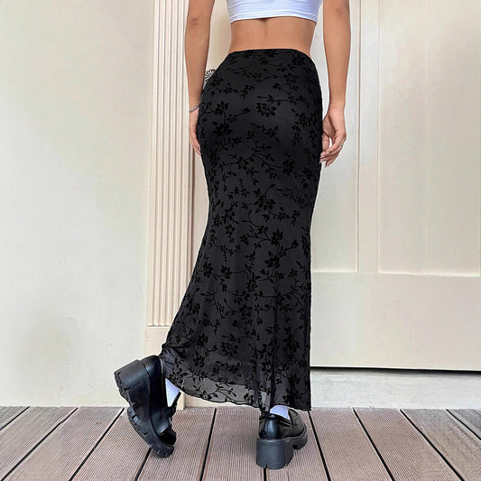 Dark Green Floral Half-length Fishtail Skirt For Women