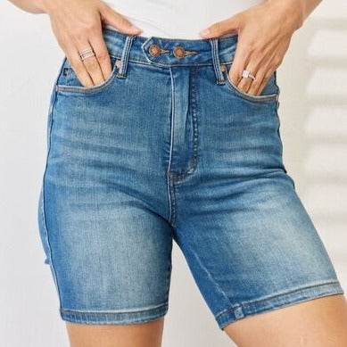 Judy Blue Full Size Tummy Control Double Button Bermuda Denim Women Shorts