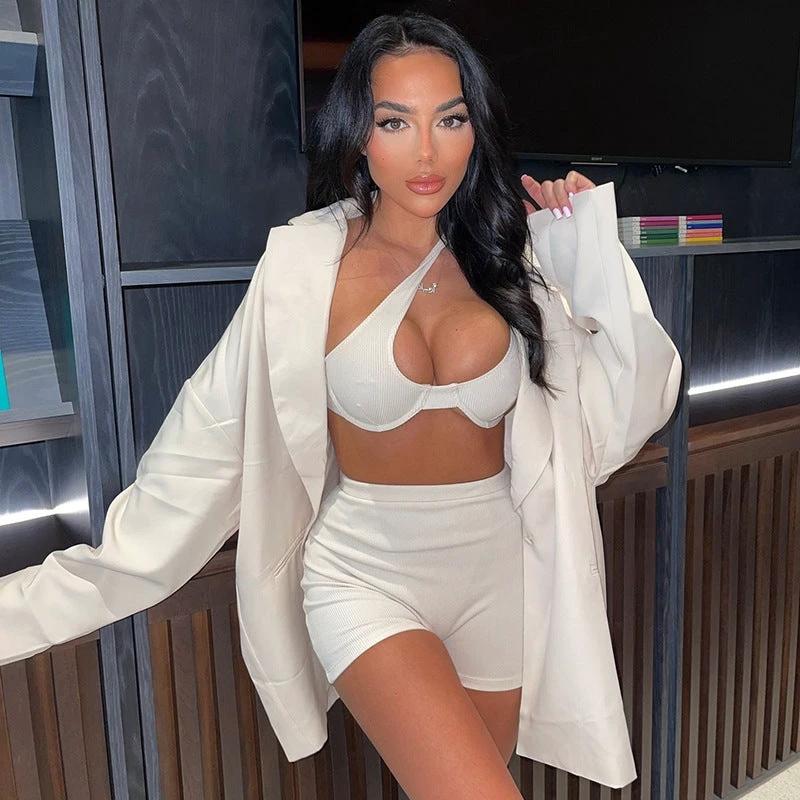 Irregular Shoulder Sexy Wrap Chest High Waist Tight Shorts Suit Women by GJG Denim