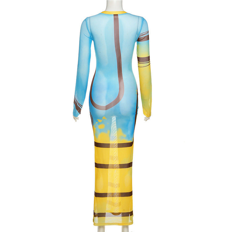 Mesh Stripe Print Perspective Slim Fit Wrap Hip Dress