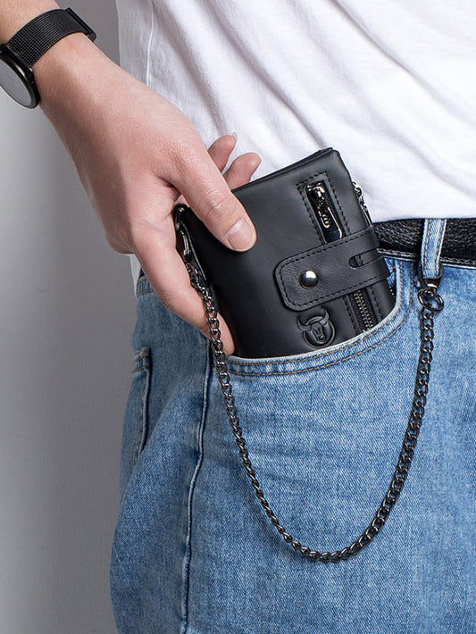 Men's Retro Genuine Leather Wallet Compact Bifold With Dual Zippers