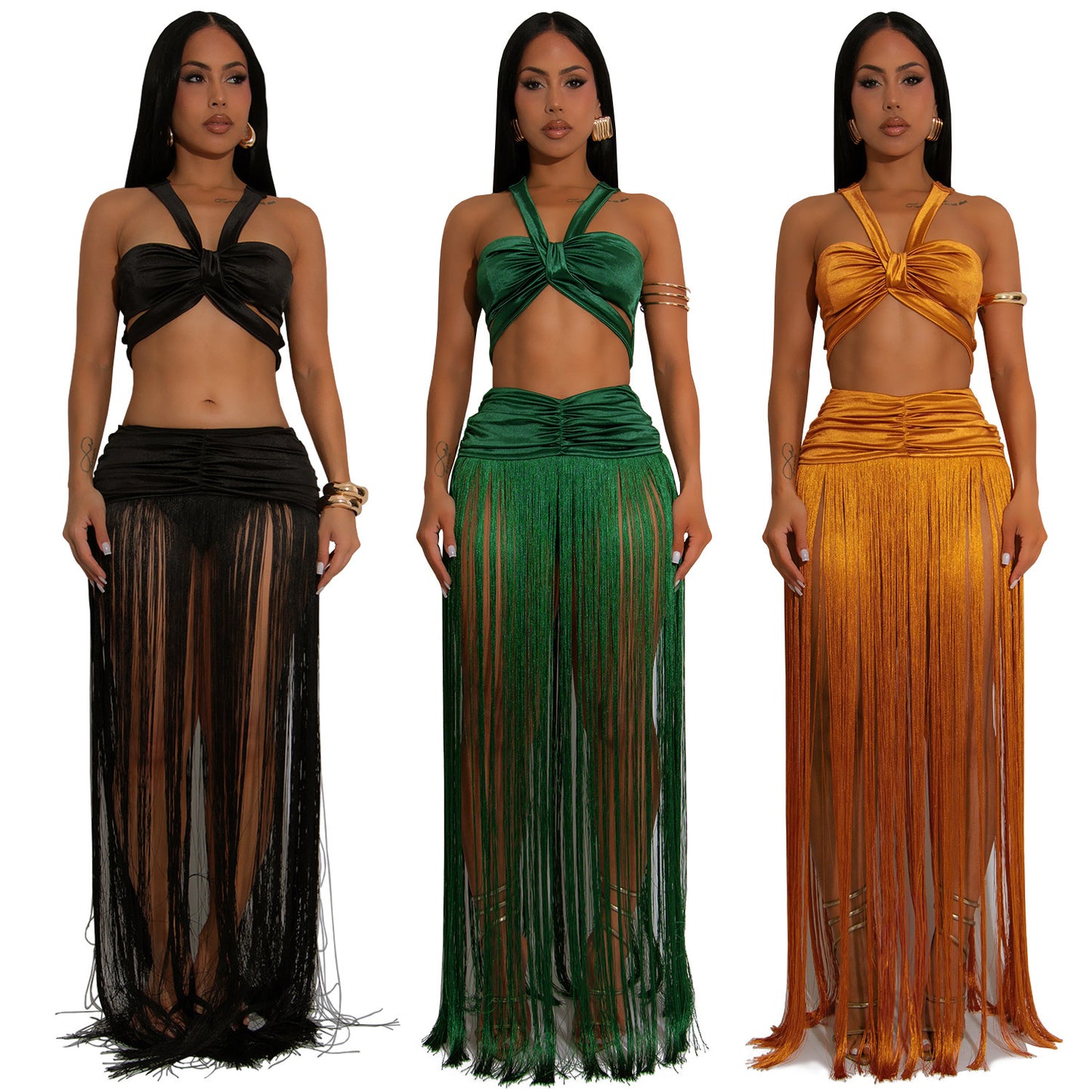 Sexy Shoulder Strap Top Tassel Skirt Two-piece Set