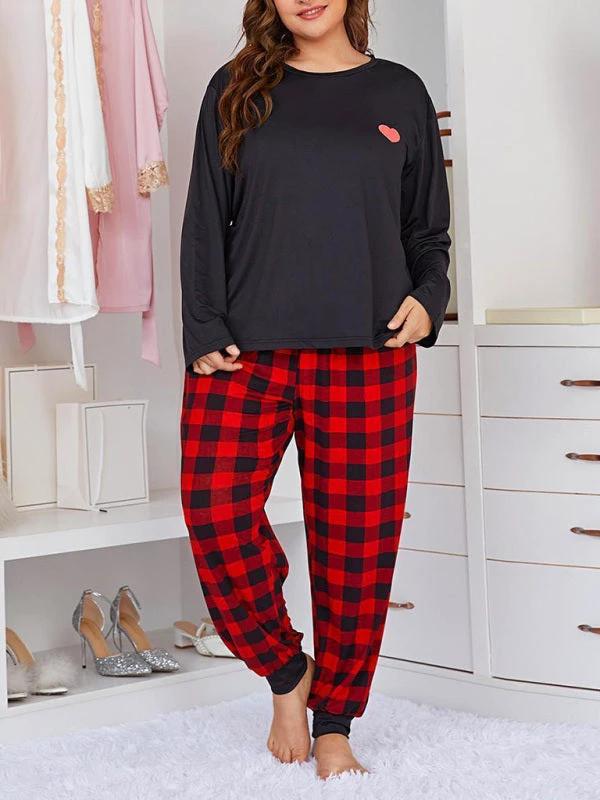 Plus Size Women's Long Sleeve Plaid Trousers Home Pajamas Set by Lady Ros