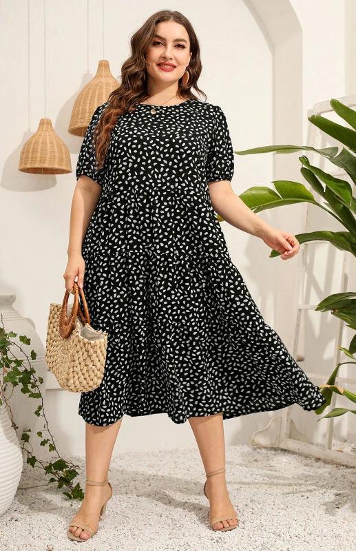 Maternity Dress - Plus Size Short Sleeve Puffed Sleeve Print Dress by Lady Ros