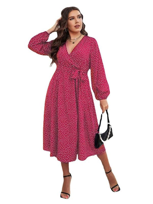 Plus size big pendulum polka dot long sleeve commuter red dress by Lady Ros