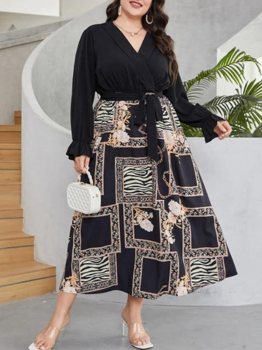 Modern style plus size women's temperament age reduction simple tie print dress by Lady Ros