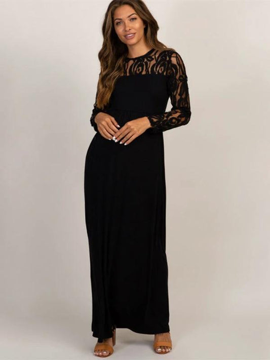 Maternity Lace Dress - Long Sleeve Round Neck Solid Color by Lady Ros