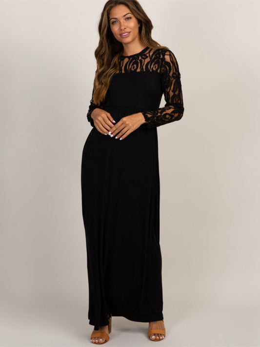 Maternity Lace Dress - Long Sleeve Round Neck Solid Color