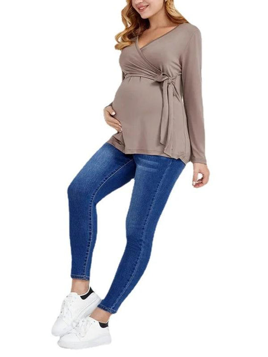 European and American solid color nursing V-neck long-sleeved maternity dress by Lady Ros