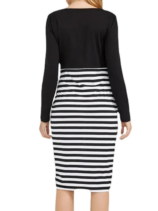 Maternity Dress - Long Sleeve Round Neck Striped Knit Dress by Lady Ros