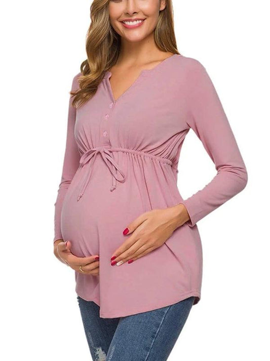 Maternity Cardigan - Long Sleeve V-Neck Drawstring Button Top by Lady Ros