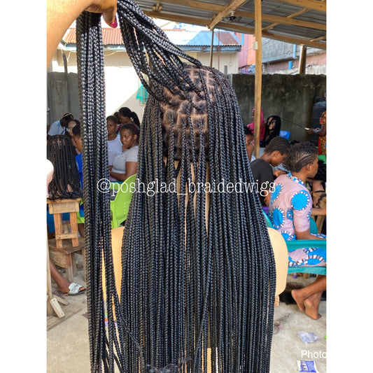 Goddess Knotless Braid Wig, HD Full Lace, Color 1B, Tailbone Length - Daya