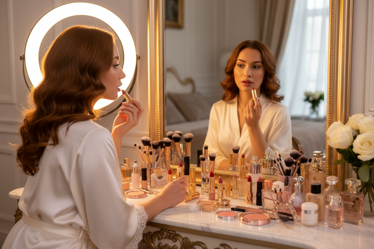 Woman applying make up in the mirror with beauty products and ring light
