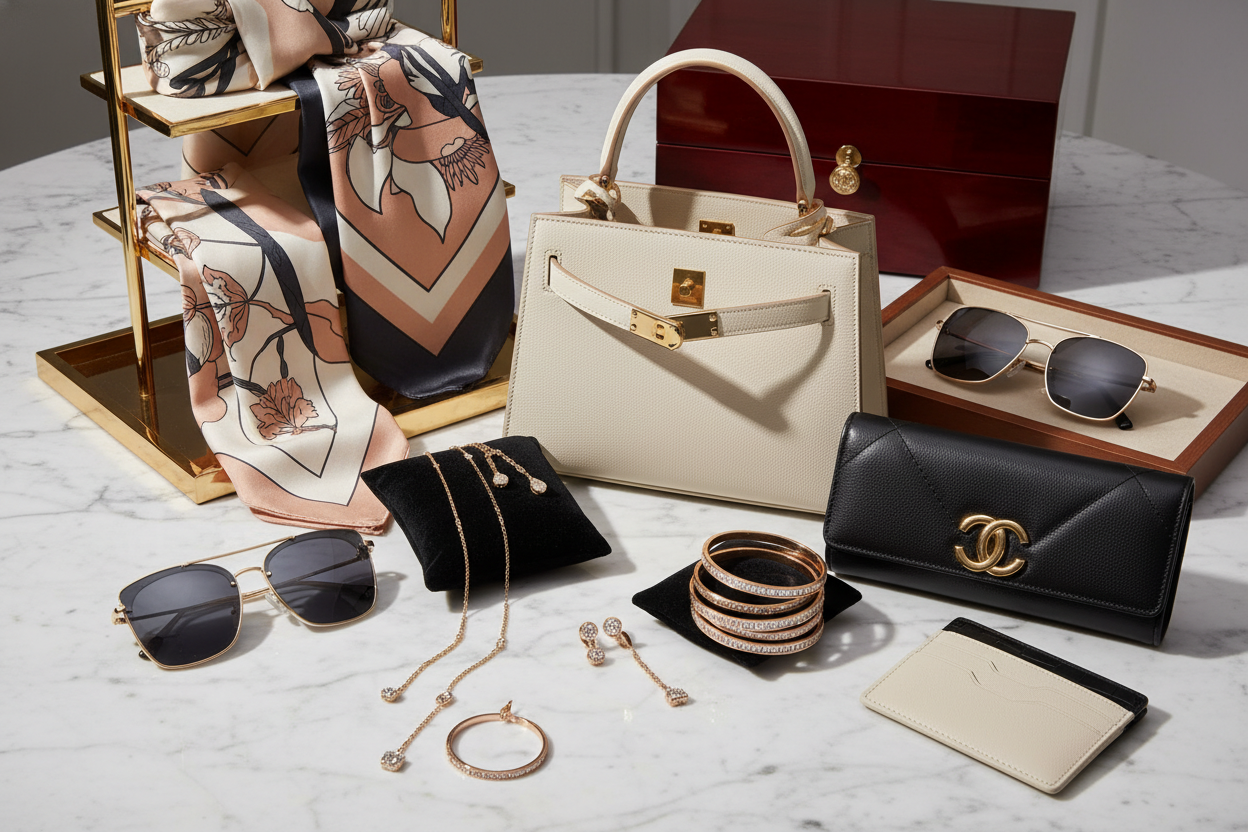 luxury accessories, handbag, scarf, sunglasses, purse, wallet