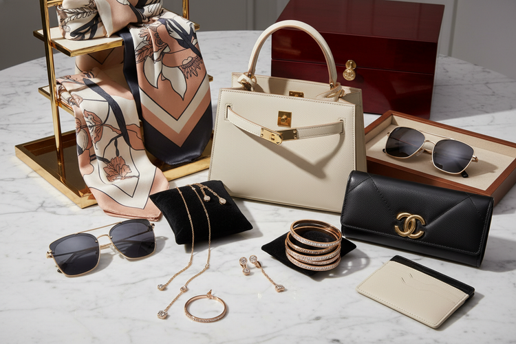 luxury accessories, handbag, scarf, sunglasses, purse, wallet