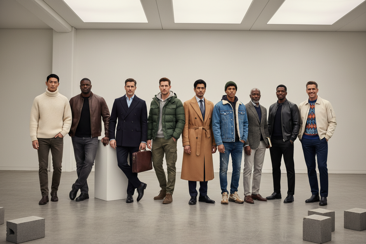 multiple men wearing outerwear, sweaters, coats and jackets.