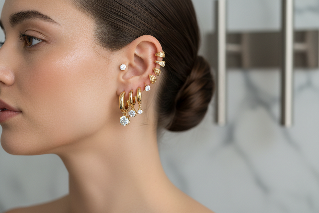 women with variety of earring styles on one ear, Cuff earring, diamond stud, hoops.