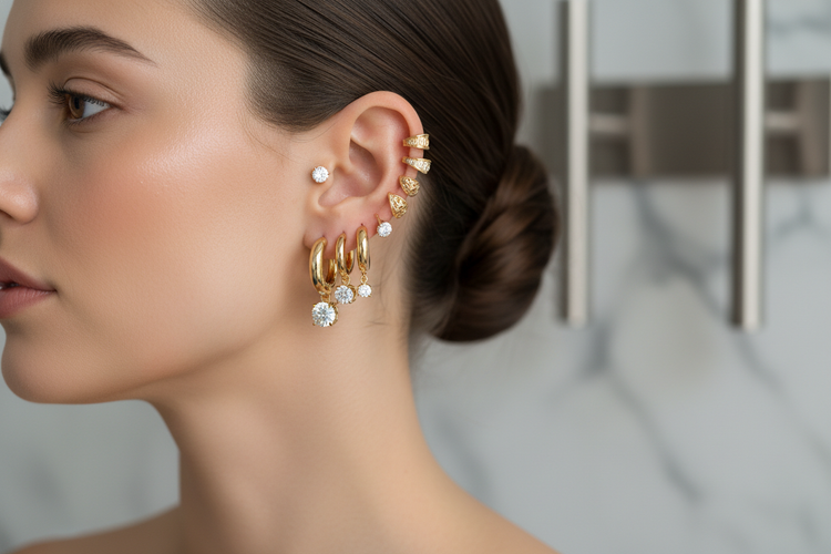 women with variety of earring styles on one ear, Cuff earring, diamond stud, hoops.