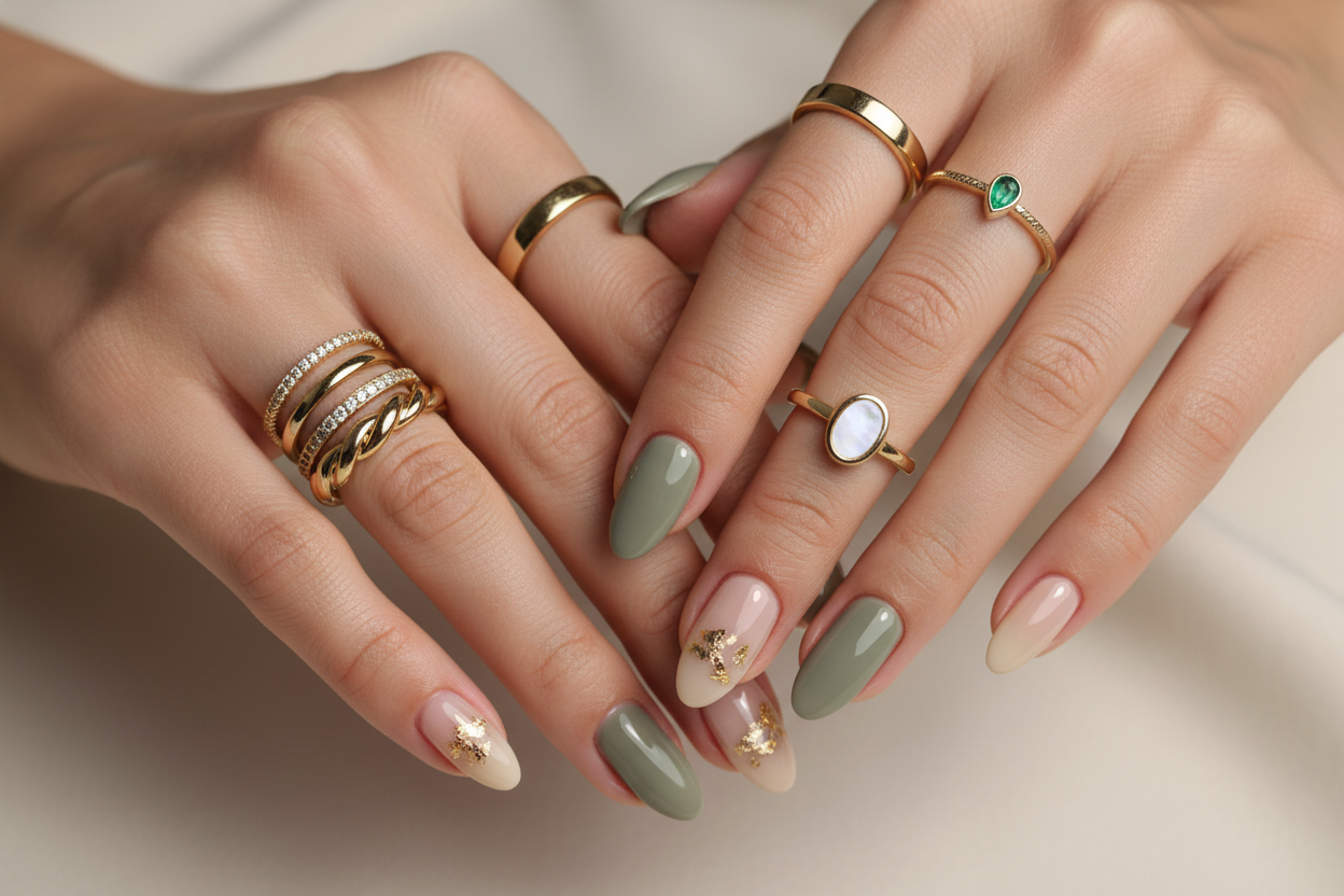 women's hands with trending nail style and multiple luxury layered rings 