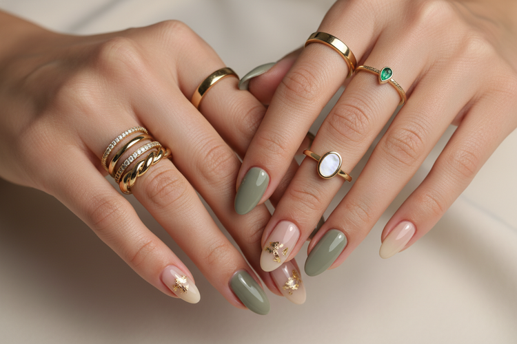 women's hands with trending nail style and multiple luxury layered rings 