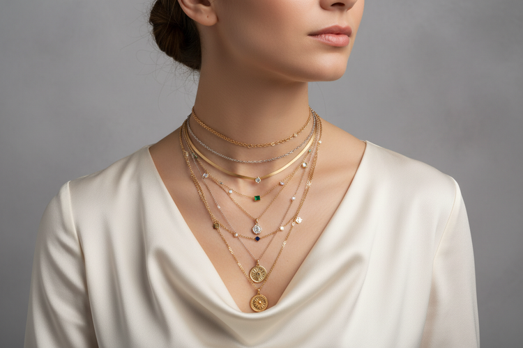woman with layered necklaces luxury