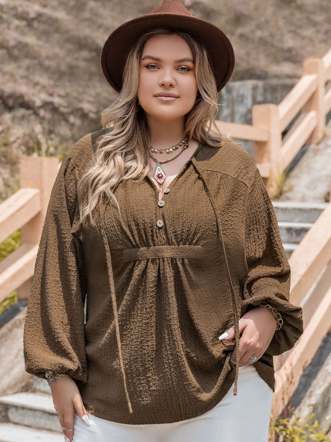 Plus Size Tie Neck Long Sleeve Blouse by Lady Ros