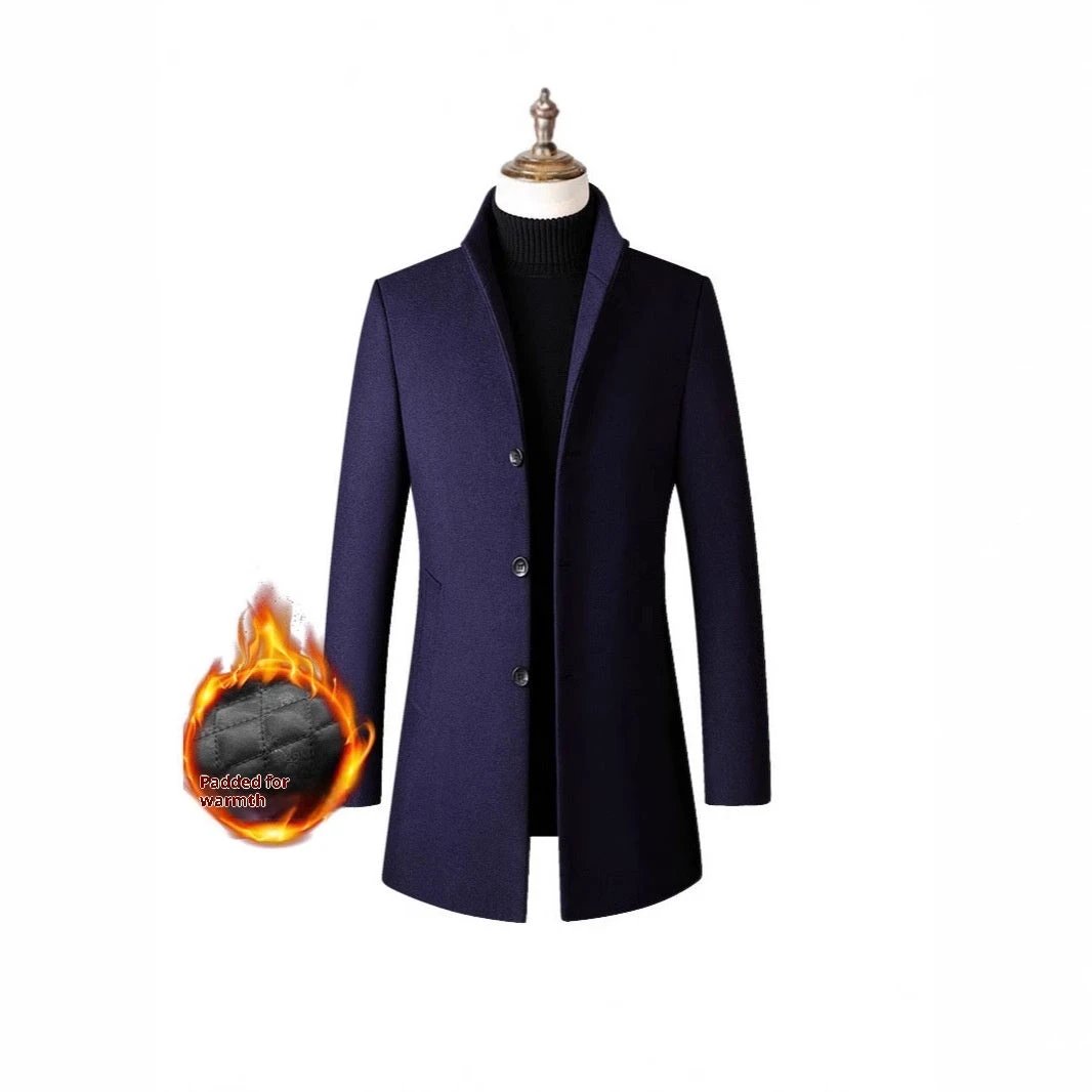 Single-breasted Stand Collar Cotton Padded Men's Woolen Trench Coat by GJG Denim
