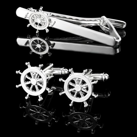 Men's Trendy Rudder Cufflinks and Tie Clip Set